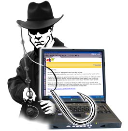 Silhouette of a man throwing a fishing line and hook towards the screen, in front of a laptop on an eBay page
