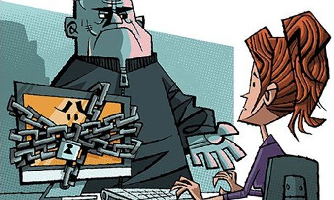Cartoon of a red haired woman using a chained up computer while a man extends his hand for payment