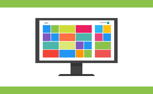 Stylized depiction of the Windows 8 start menu on a desktop monitor