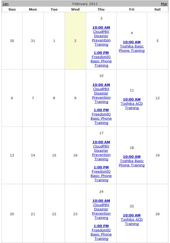Calendar for February