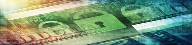 US currency overlaid with technological imagery and padlock icons