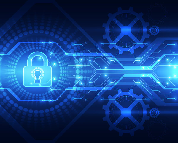 Blue technology image with a padlock and gears