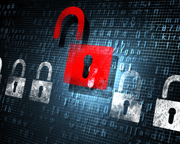 Red, opened padlock icon above closed white padlocks against a technology backdrop