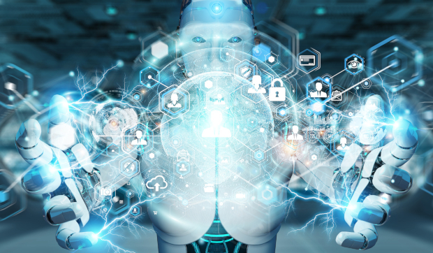 A humanoid robot extends its hands, surrounded by glowing digital icons and circuits, symbolizing futuristic technology and connectivity.
