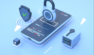 3D models of a smartphone with a lock above it, shield next to the left of it, and a computer monitor with a key on it's right.