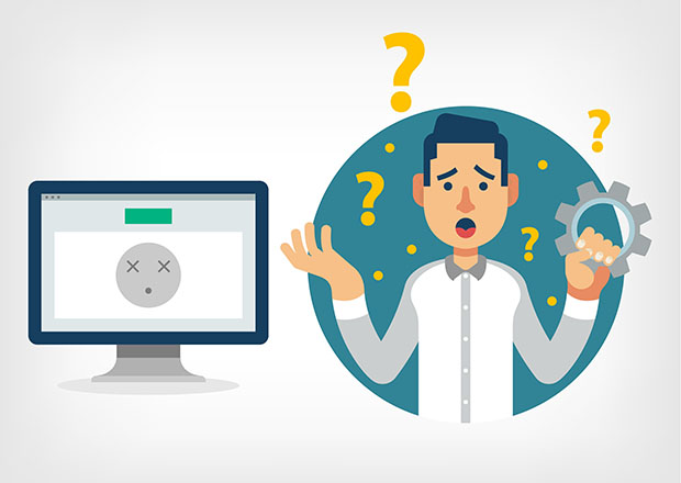 Illustrated graphic showing confused man with non working computer.