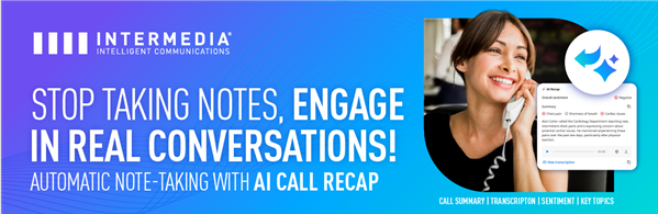 Woman on phone call with AI Call Recap interface showing transcription, sentiment analysis, and key topics extraction