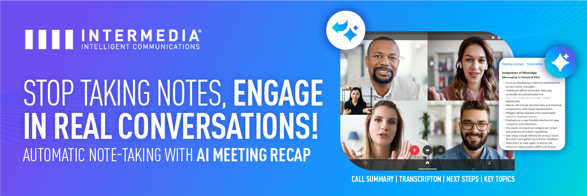 Meeting participants focused on discussion with AI Meeting Recap interface showing transcription, summary, and topic highlights