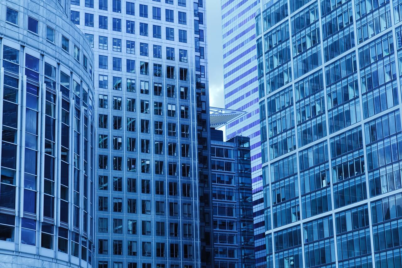 Skyscraper office buildings tinged in blue