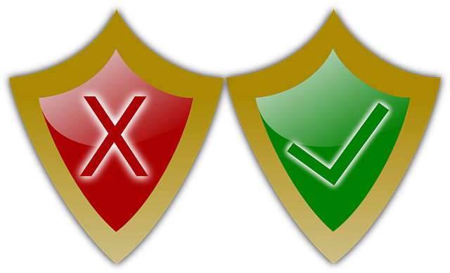 Clip art of two badges, one red with an 'X' and the other green with a check mark