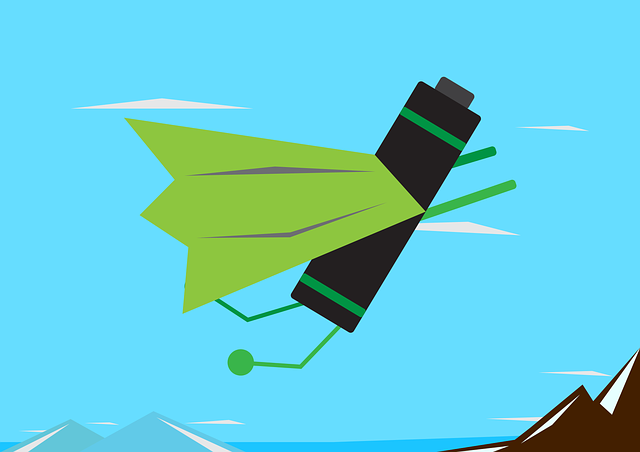  Stylized graphic of a AA battery with a green cape flying through the air