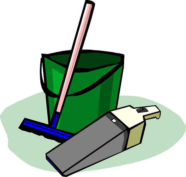 Stylized green bucket, with a blue squeegee and a gray dust buster vacuum