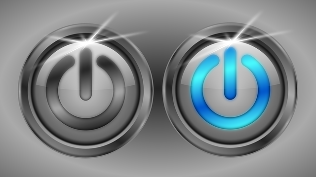Stylized graphic of two power buttons side-by-side, the one on the right one lit up in blue