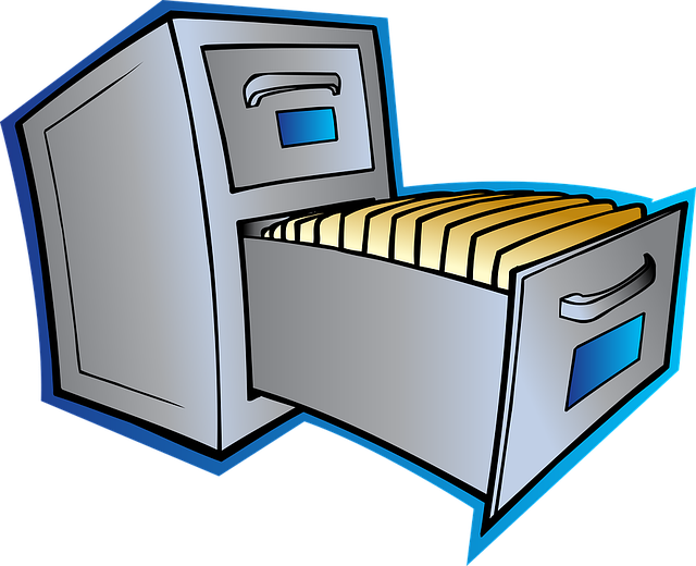Graphic of a open, gray filing cabinet outlined in blue
