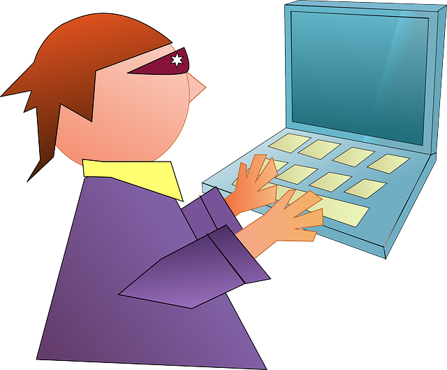 Clip art of a hacker in a purple shirt using a blue computer
