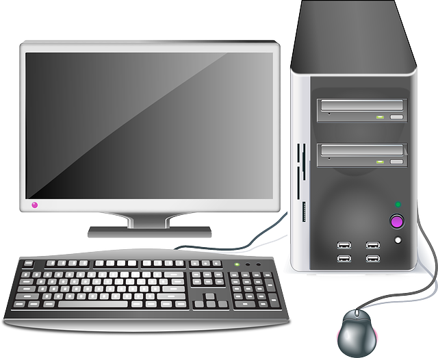 Graphical render of a standard desktop PC, with monitor, keyboard, mouse, and tower