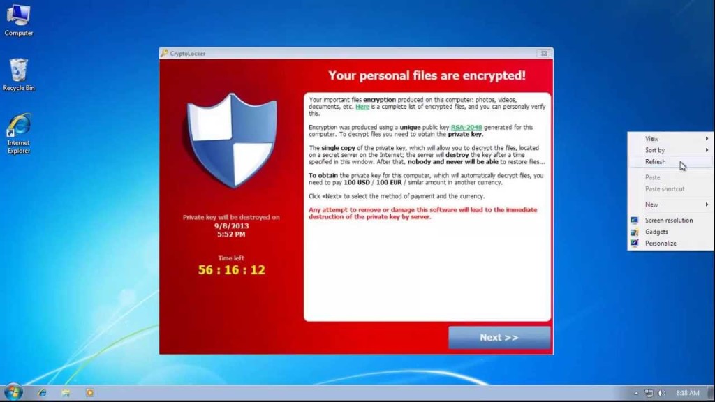 Example screenshot of having been victim to CryptoLocker
