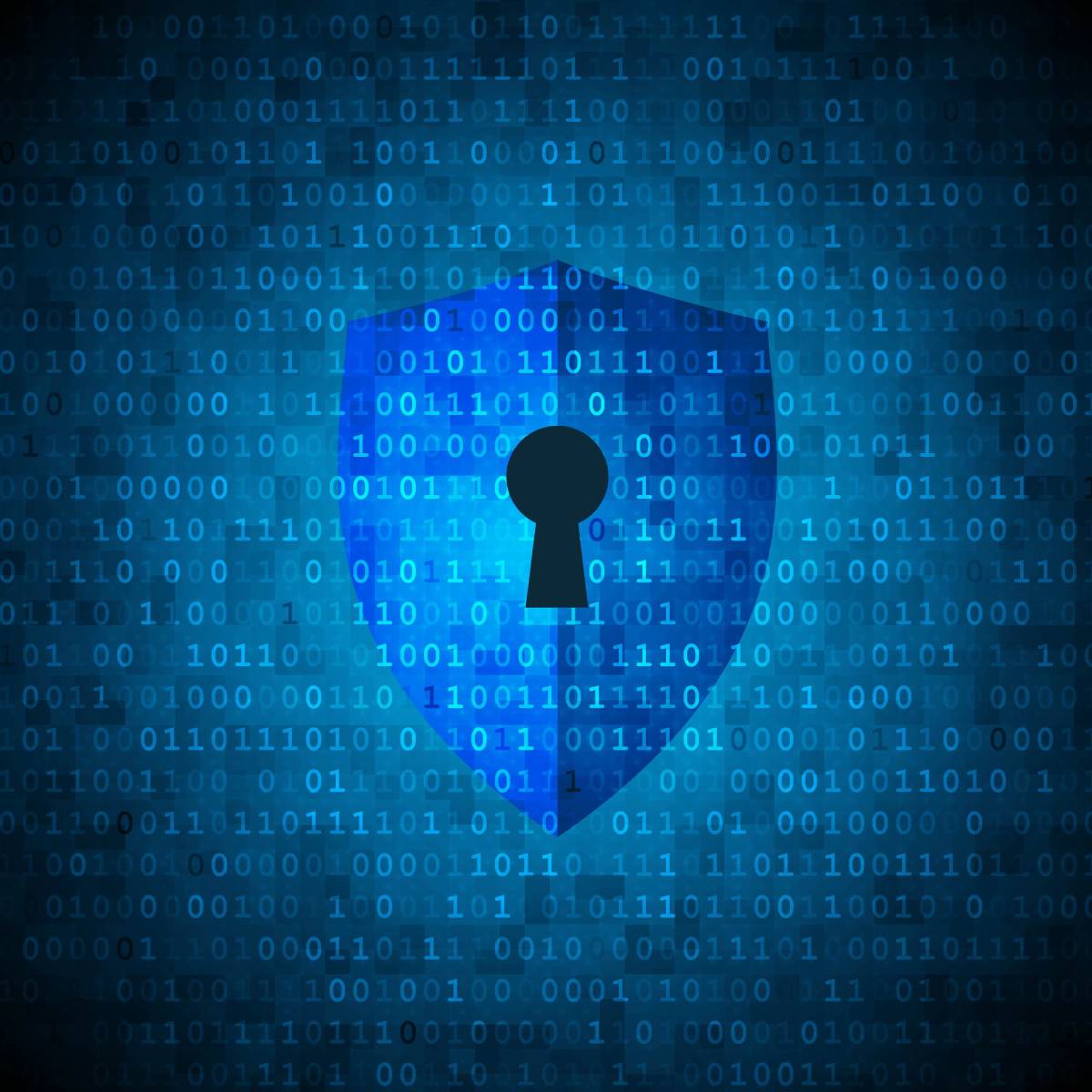 Blue shield with keyhole providing protection from cybersecurity