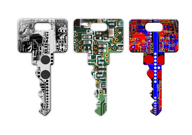 Three keys with circuit board graphics applied to them