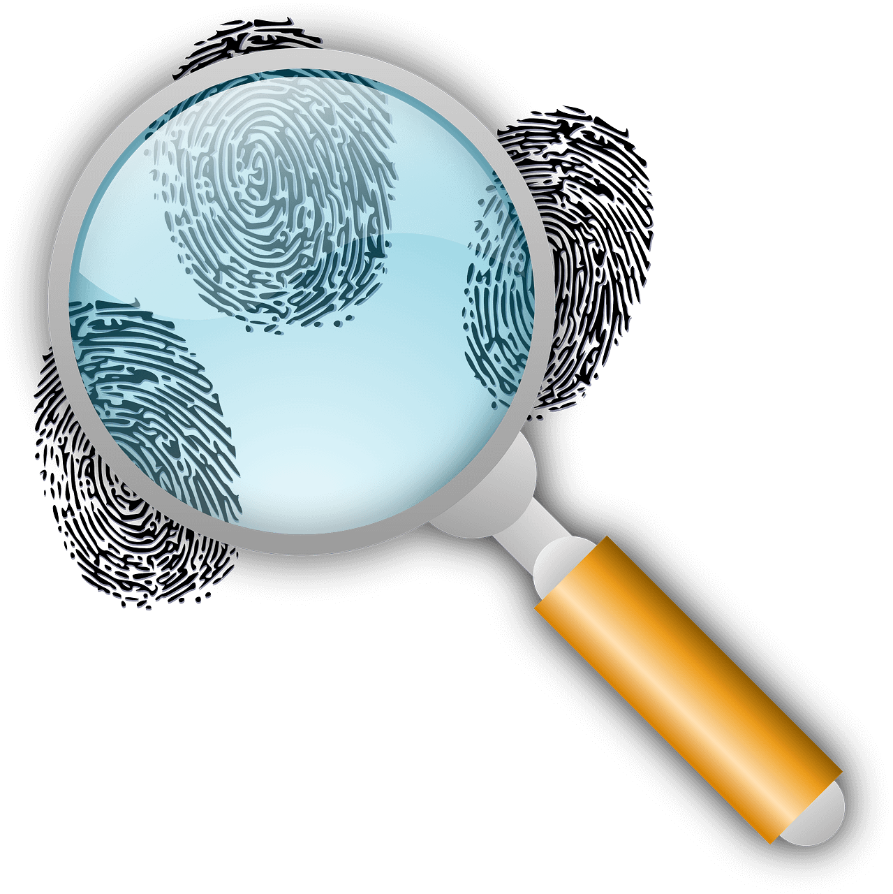 Stylized magnifying glass resting on three oversized fingerprints