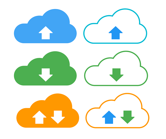 Blue, green, and orange stylized cloud upload/download icons