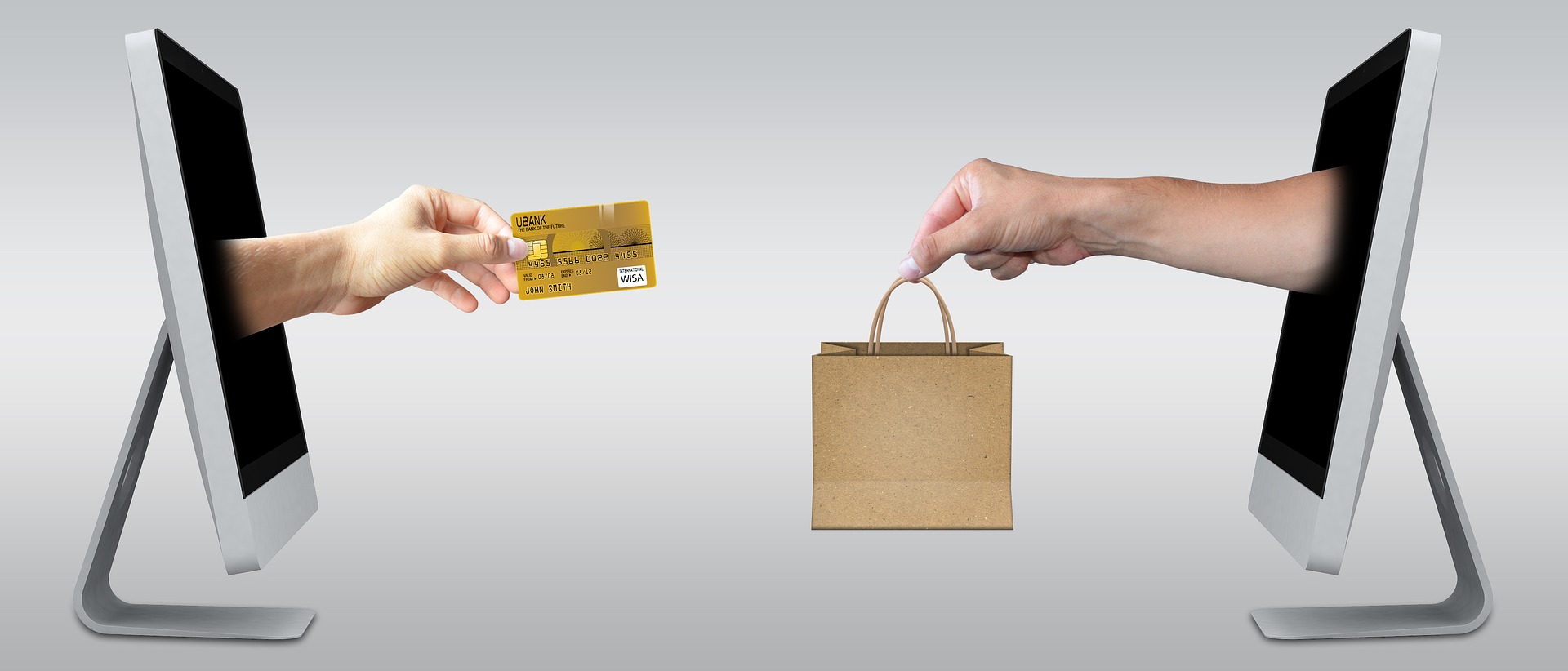 Two monitors with arms reaching out of them, exchanging a gold credit card for purchased items