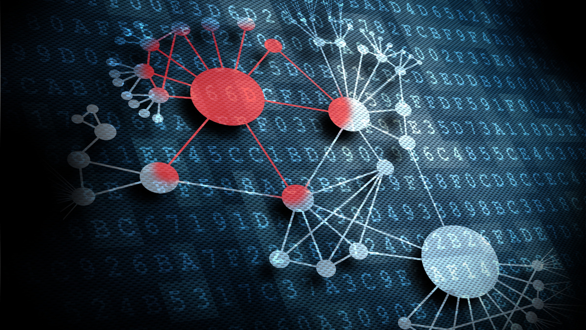 A graphical representation of a computer virus spreading through a network
