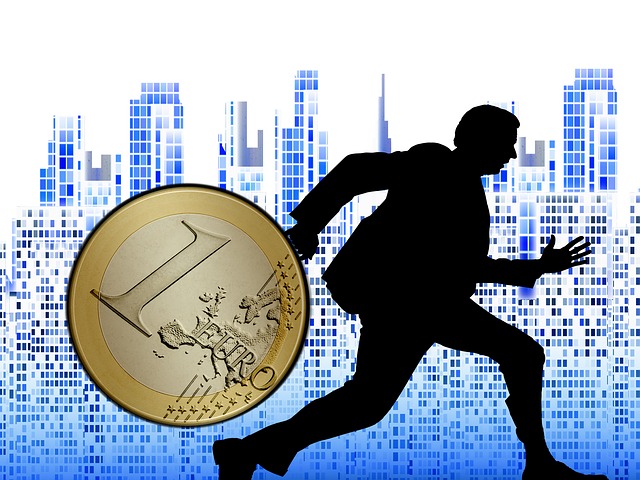 Silhouette of a running man carrying a giant 1 Euro coin, against a blue digital cityscape