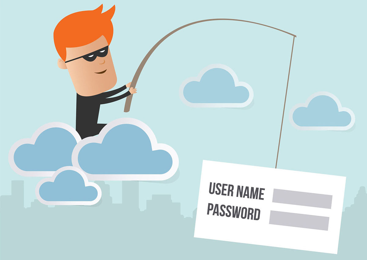 Illustration of hacker stealing data from cloud, phishing concept.