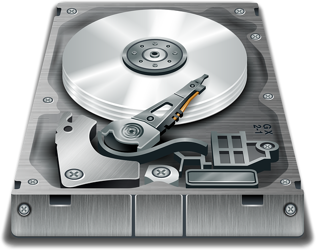 Oblong view of a depiction of the internal workings of a mechanical hard drive