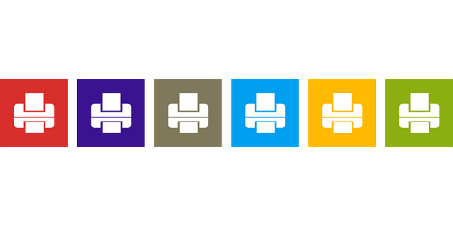 Array of 6 white printer icons against backgrounds of various color