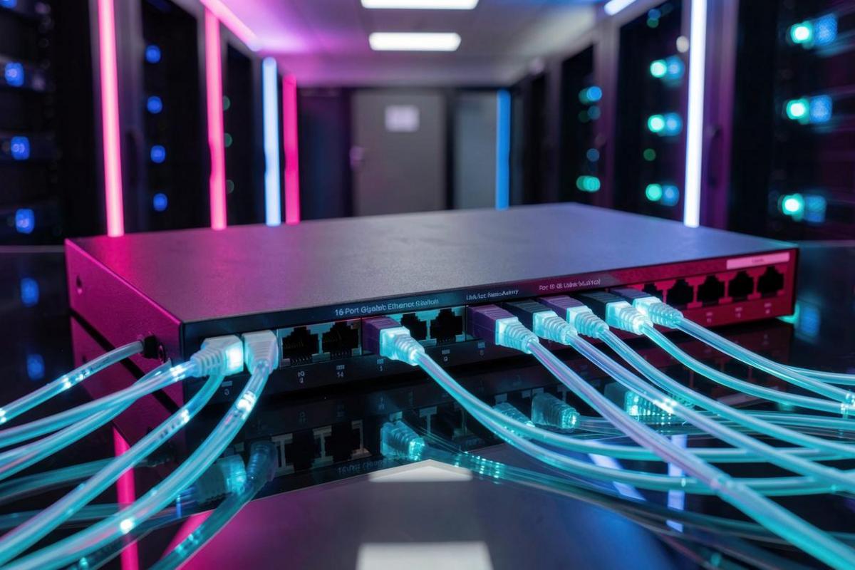 Network switch with illuminated Ethernet cables in a server rack