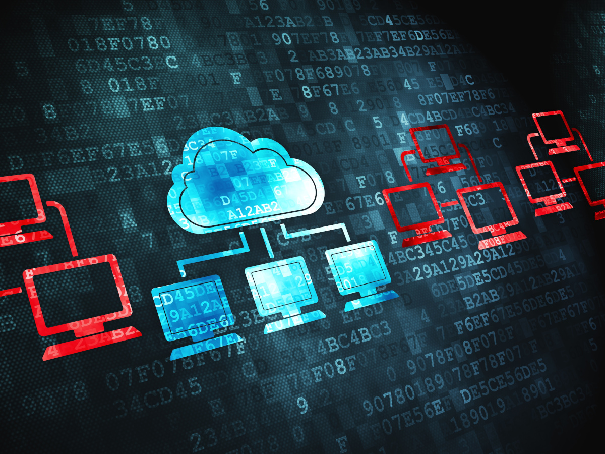 A graphic showing three blue computers connected to a blue cloud, with three sets of three reds computers connected to each other off to the side