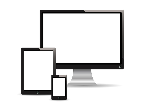Stylized graphic of a desktop monitor, tablet, and smartphone, in black and white
