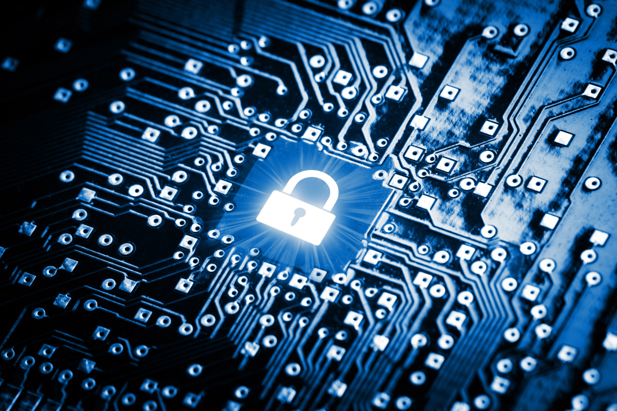 Close Up of Circuit Board with Illustration of Padlock in the Middle