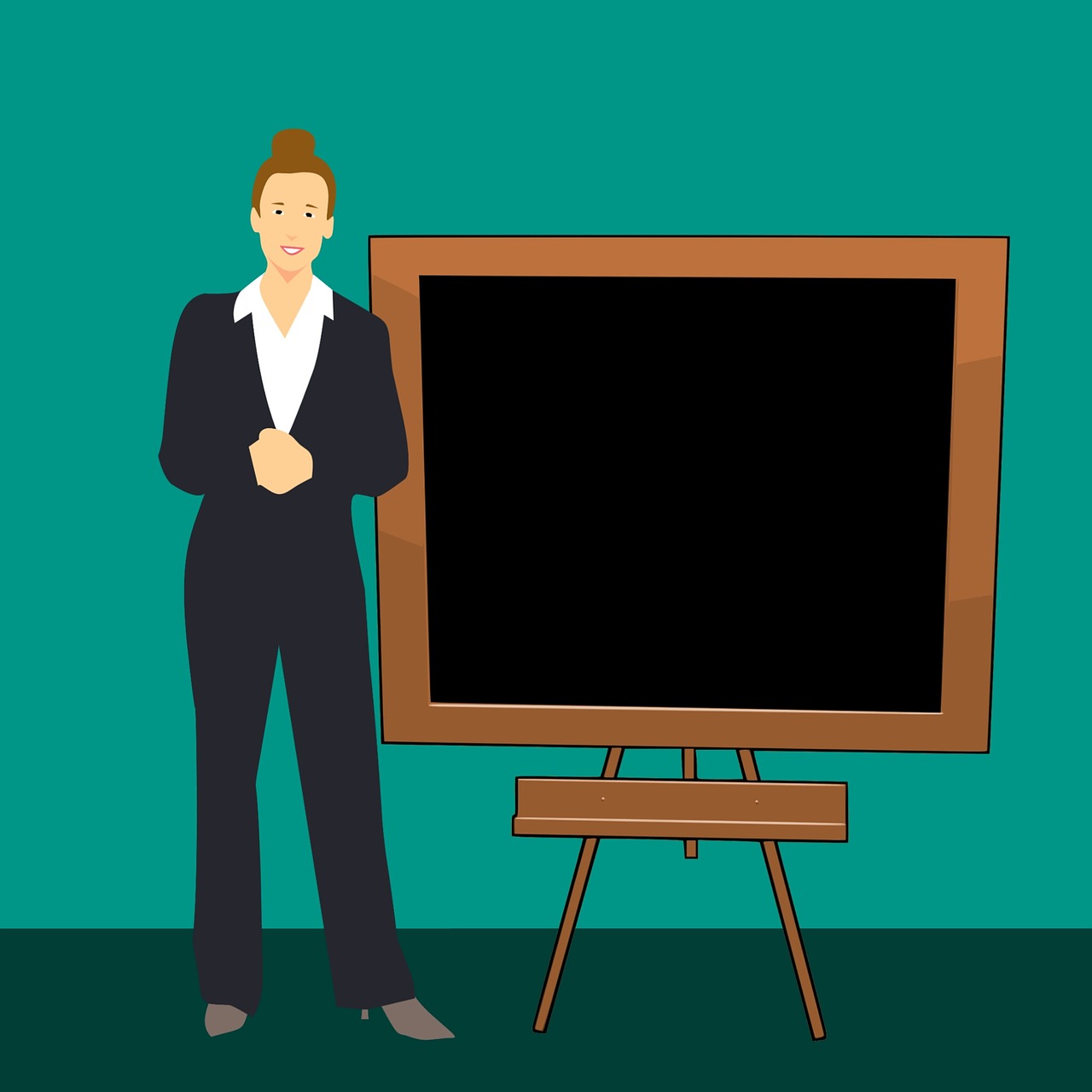 Stylized graphic of a businesswoman standing in front of a training blackboard