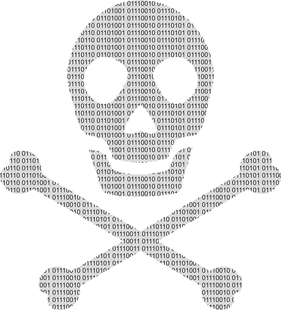 Skull and crossbones symbol drawn with 1s and 0s