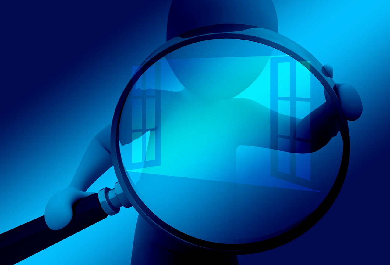 Stylized graphic in blue of a figure holding a giant-sized magnifying glass