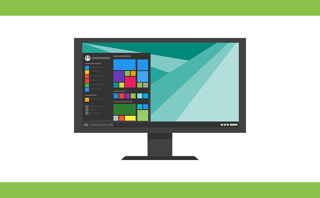 Stylized depiction of Windows 10's start menu on a desktop monitor