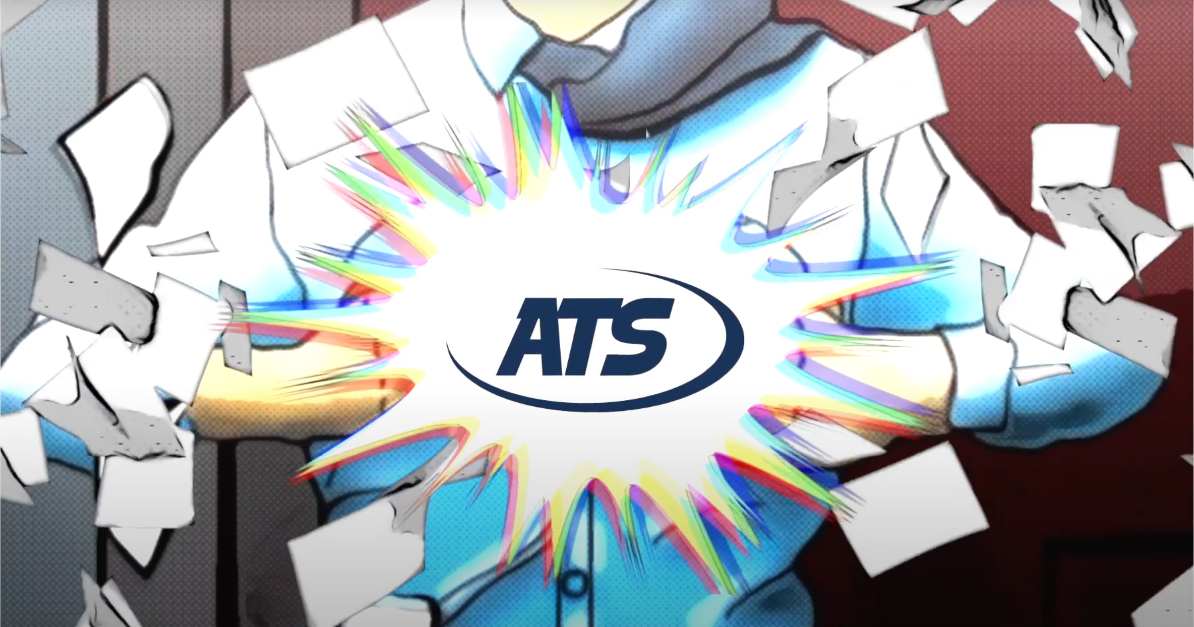 Stylized superhero opening their shirt to reveal the ATS logo beneath