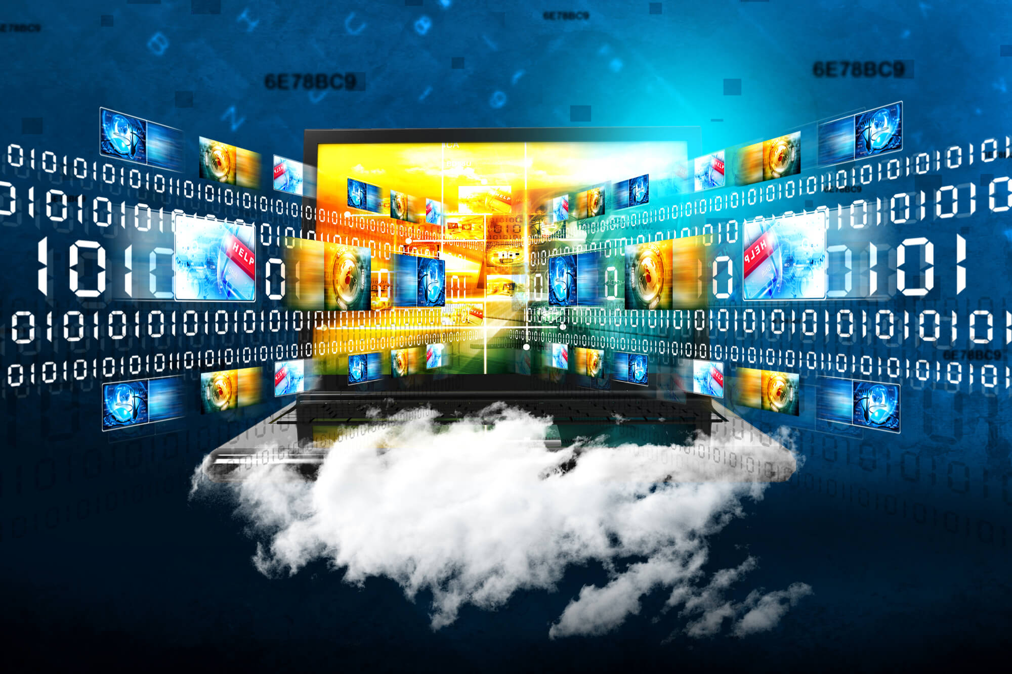 A laptop floating on a cloud with binary and tech-related images flying off the screen to represent cloud technology